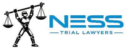 Ness LegalTech mark: a robot holding the scales of justice overhead, beside the words NESS Trial Lawyers