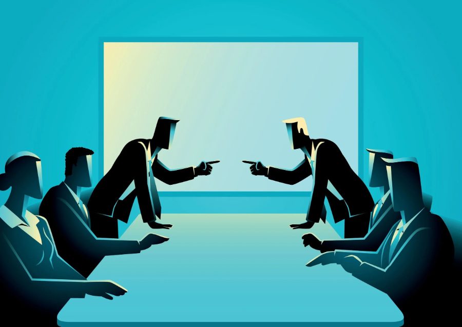 Silhouetted executives in a tense boardroom discussion