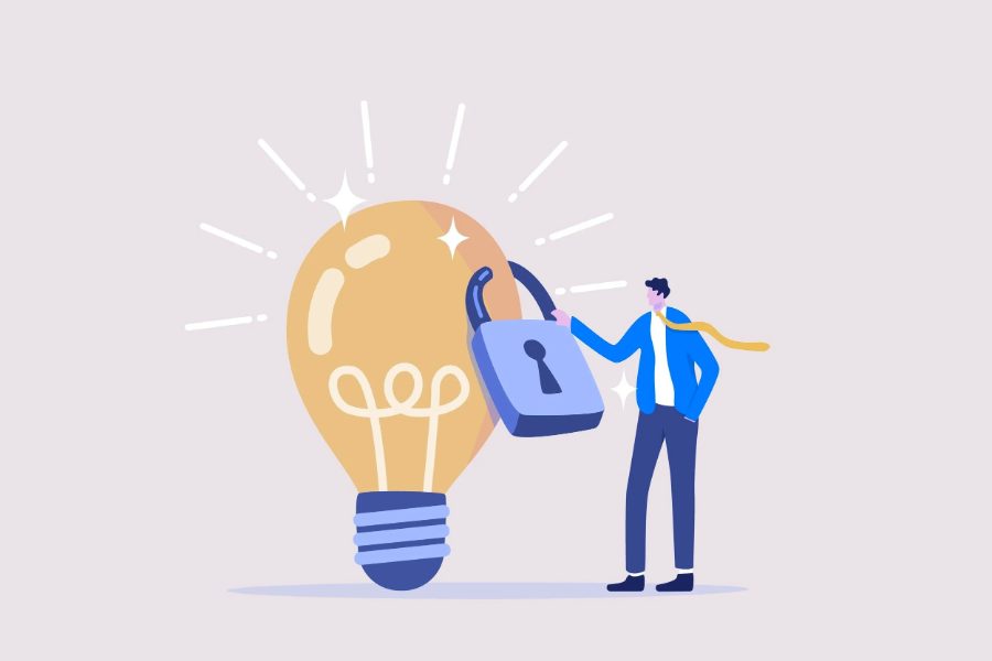 Illustration of an inventor locking a light bulb, representing protected ideas