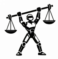 Illustrated robot holding the scales of justice overhead